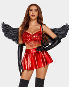 Red sequin fringe bra top and metallic flared mini skirt set, spaghetti straps