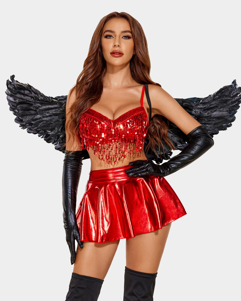 Red sequin fringe bra top and metallic flared mini skirt set, spaghetti straps