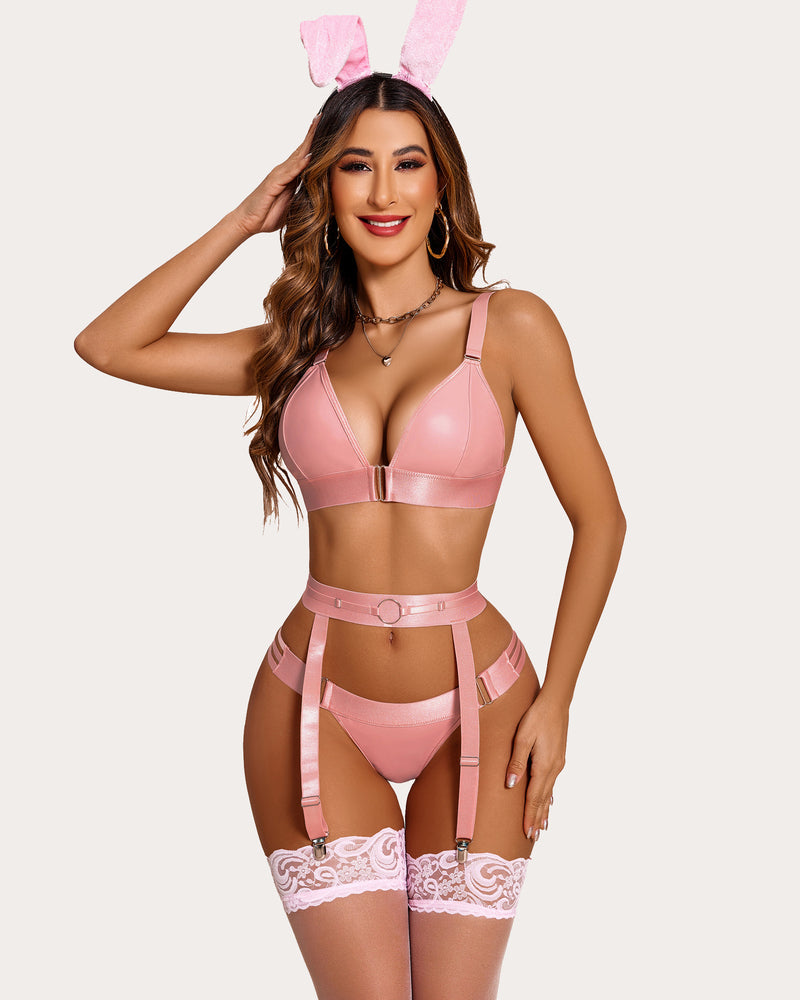 Light pink leather bra and panty set with garters and lace trim thigh-highs