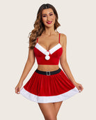 Red velvet camisole and flared skirt Santa costume set with white trim and pom-poms