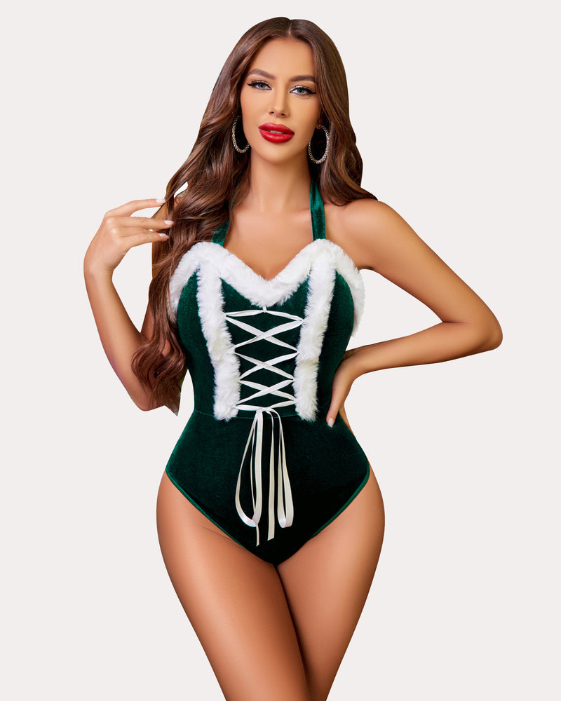 Green teddy one-piece with white faux fur bust trim, crisscross lace-up front and ribbon tie