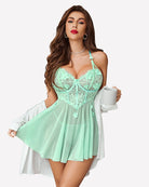 Mint lace babydoll lingerie with underwire cups, floral appliques, and thin straps