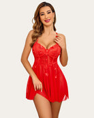 Red lace babydoll lingerie with underwire cups and floral appliques, short flared skirt