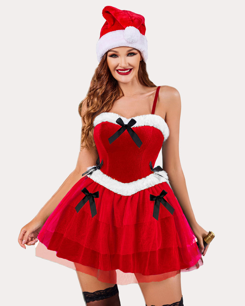 Santa bustier corset dress with red bodice, white trim, bow accents, and short tulle skirt