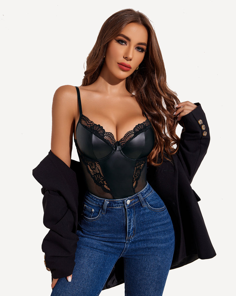 Black lace push-up teddy with lace bust detail and snap crotch ring