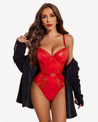 Red lace push-up teddy bodysuit with sheer panels and snap-crotch front detail