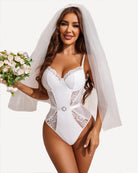 White lace push-up teddy bodysuit with sheer side panels and front clasp strap