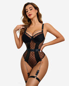 Black mesh bodysuit with underwire cups, chain garter straps, and waist ring belt