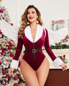 Burgundy velvet Santa teddy with white faux-fur collar, cuffs, and front zip