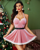 Pink halter babydoll dress with underwire cups, black waist belt, and white faux-fur hem