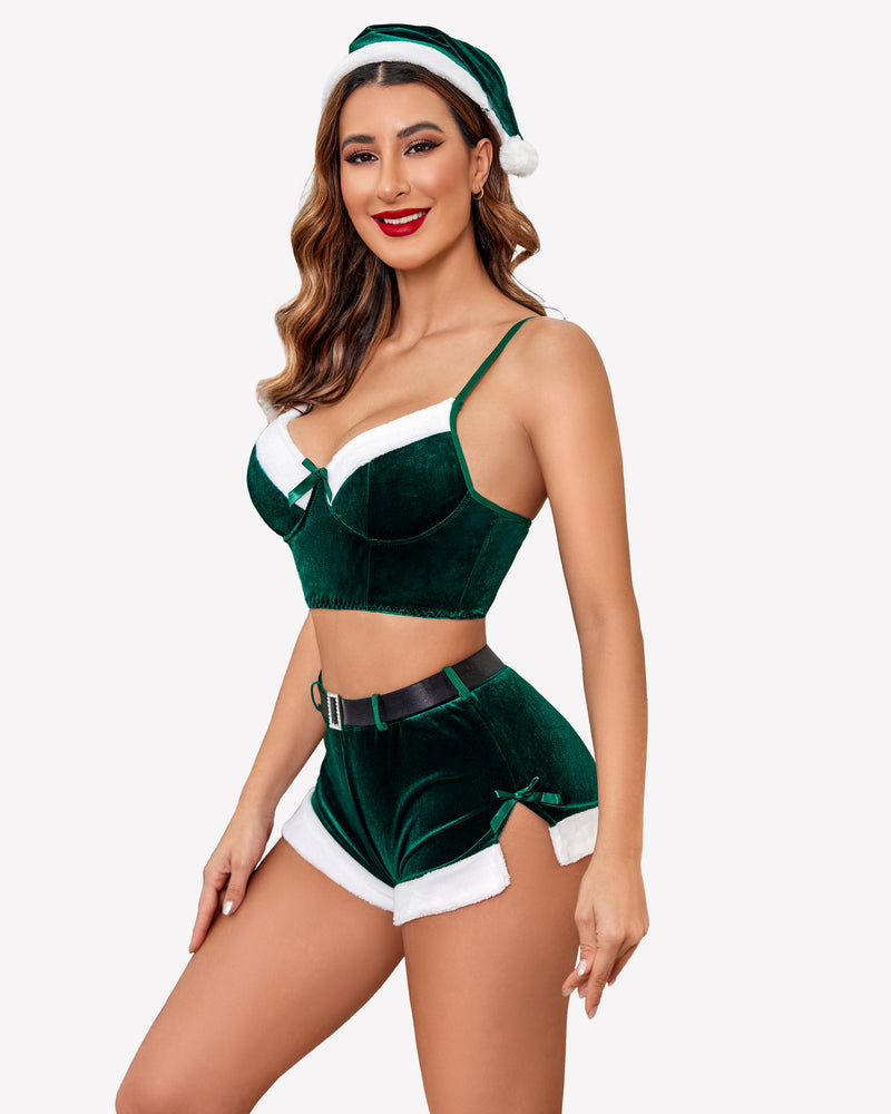Green velvet Santa bralette and shorts set with belt detail, white trim, matching hat