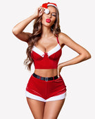Red velvet Santa bralette and shorts set with white trim and matching hat