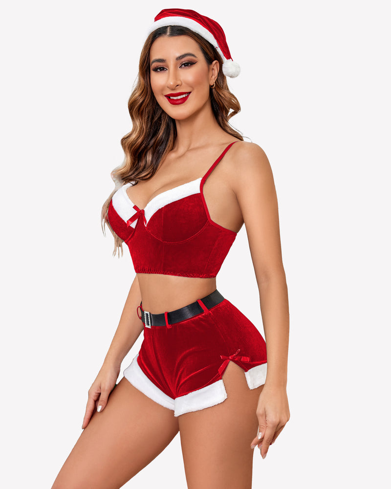 Red velvet Santa bralette and shorts set with belt detail, white trim, matching hat