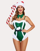 Green Santa ruffle bodysuit with white trim, black belt, and bow front