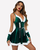 Green velvet Santa babydoll lingerie set with white-trim neckline, corset lace detail, cuffs