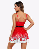 Red Santa halter babydoll sleepwear, back view, thin straps, black belt, flared skirt