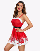Red Santa halter babydoll sleepwear, side view, white trim, black belt, flared skirt