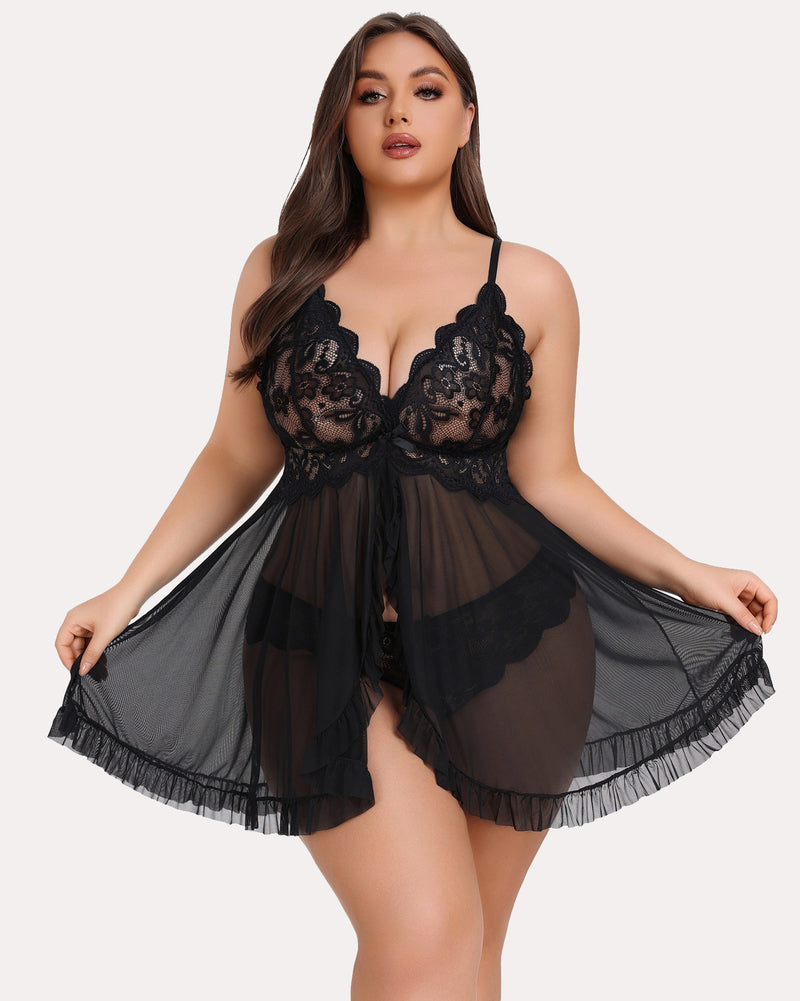 Plus size lace open-front babydoll, black lace cups with sheer pleated skirt and ruffle hem