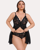 Plus size lace open-front babydoll in black with lace underwire cups and matching lace panties
