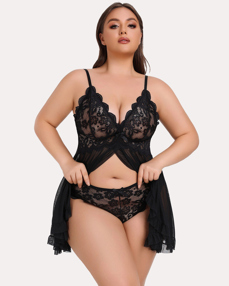 Plus size lace open-front babydoll in black with lace underwire cups and matching lace panties