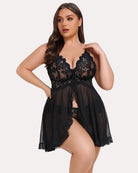 Plus size lace open-front babydoll in black with lace bodice and sheer tiered skirt