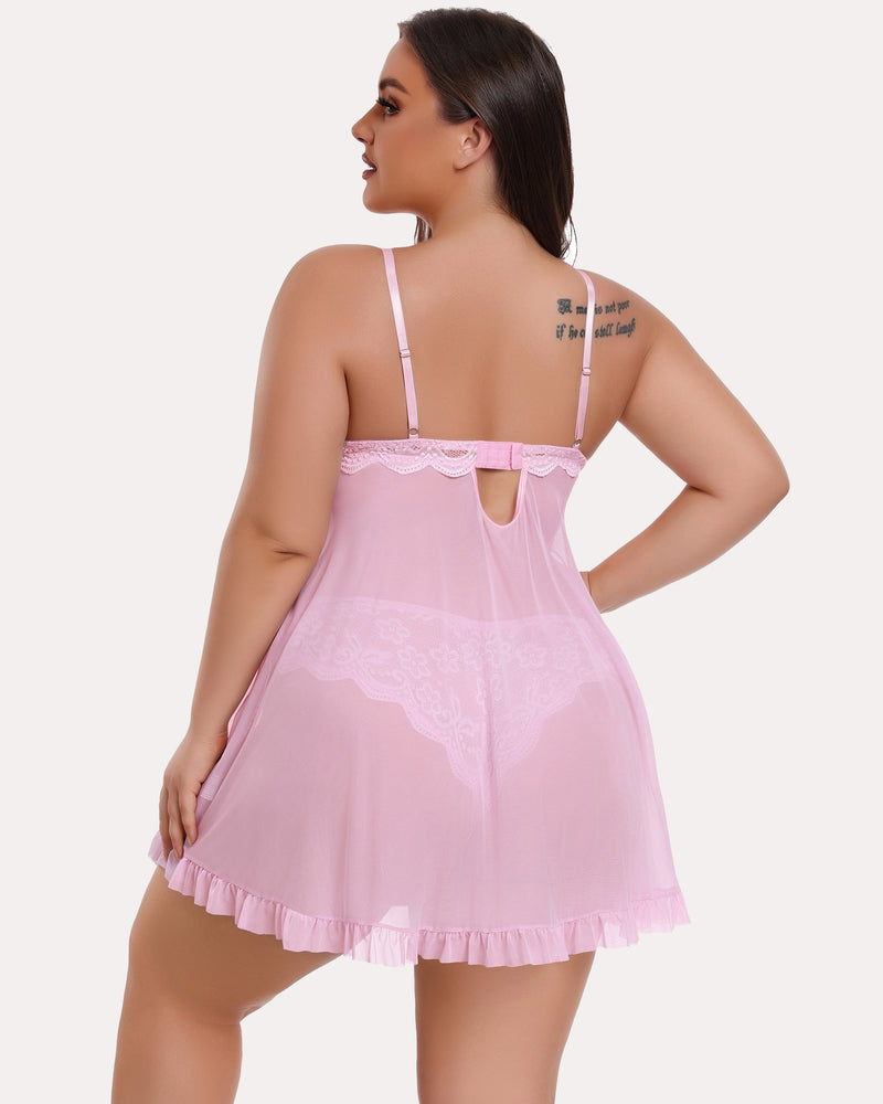 Plus size lace open-front babydoll in pink with lace back straps and ruffle-edged hem