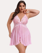 Plus size lace open-front babydoll in pink with lace cups, sheer babydoll skirt, ruffle trim