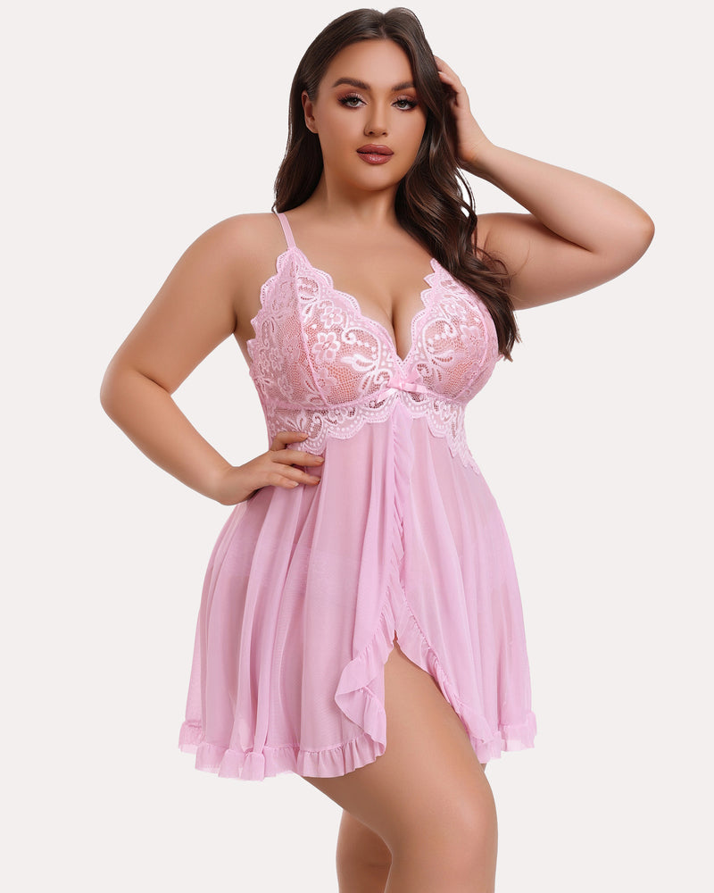 Plus size lace open-front babydoll in pink with lace bust and sheer gathered skirt with slit
