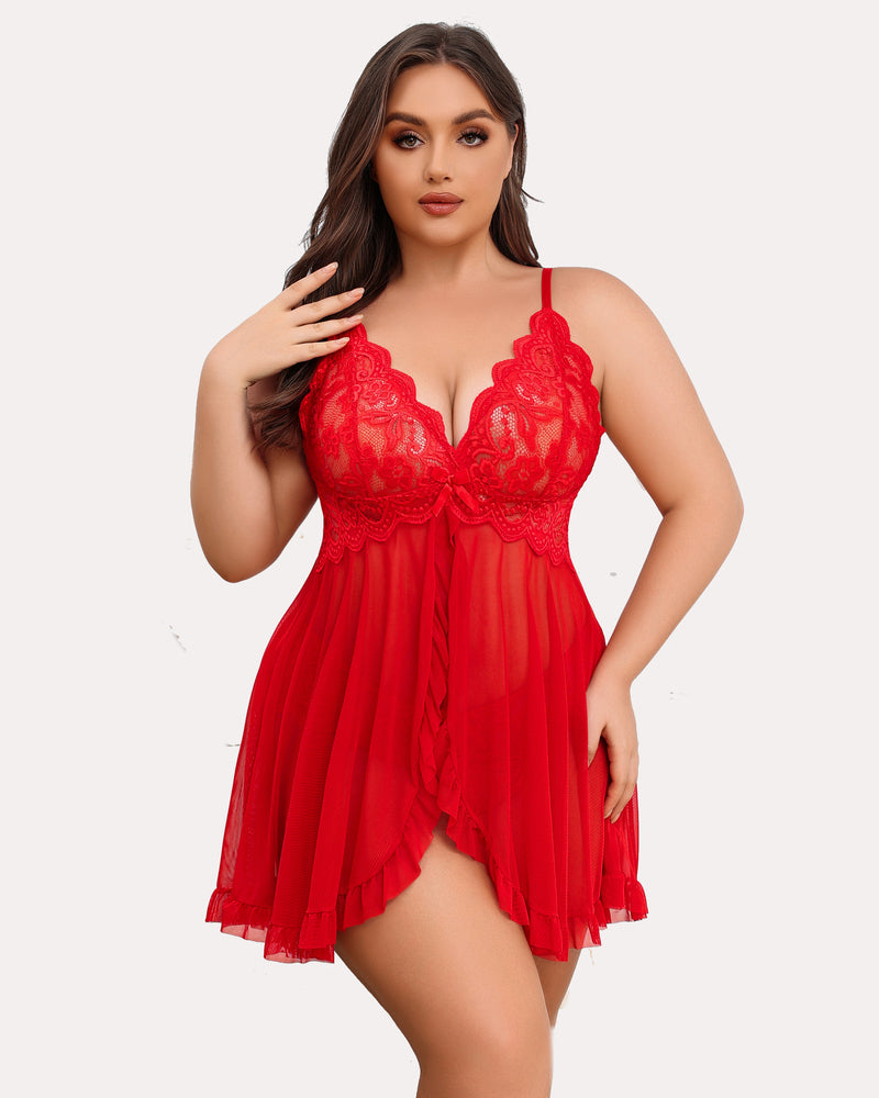 Plus size lace open-front babydoll in red with lace cups and sheer tiered skirt with ruffle hem