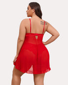 Plus size lace open-front babydoll in red with lace back straps and sheer gathered skirt