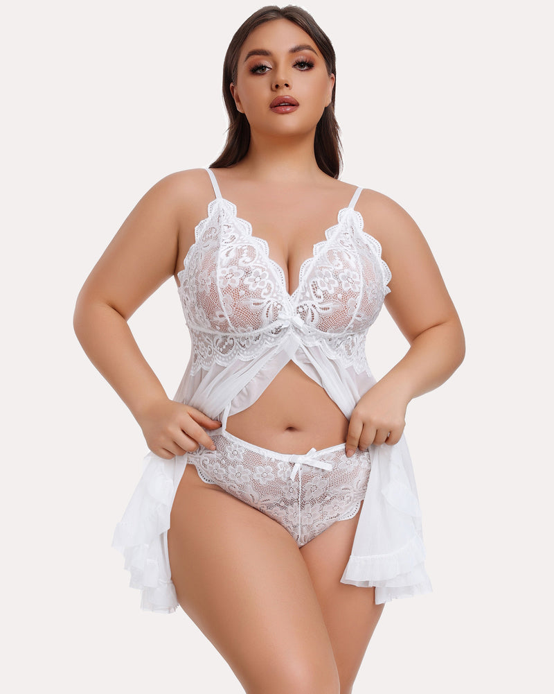 Plus size lace babydoll with open front, white lace bodice and sheer ruffled skirt