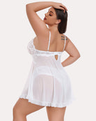 Plus size lace babydoll with open front, white lace camisole and short ruffled skirt