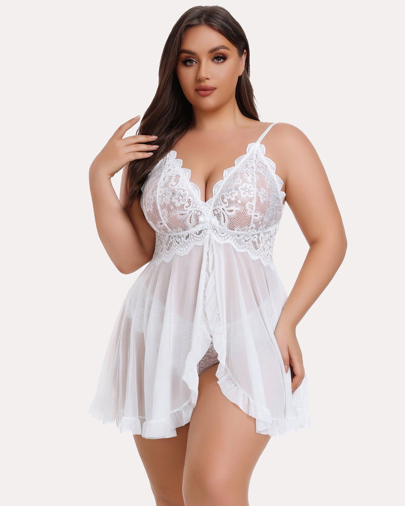 Plus size lace open-front babydoll in white with lace cups, sheer skirt, and ruffle hem