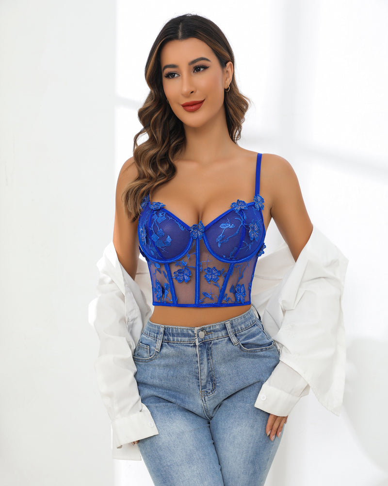 Blue lace boned bra and thong panty set with garter straps and floral embroidery