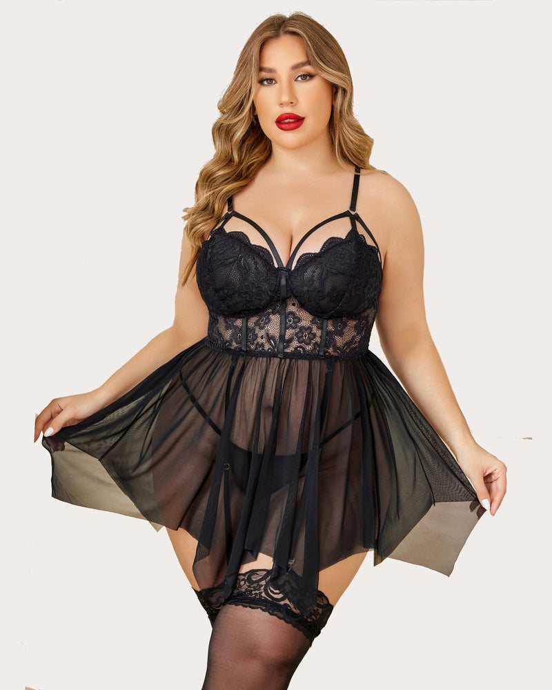 Black mesh lace babydoll with underwire cups, thin straps, and flared tulle hem