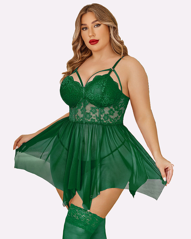 Green plus size mesh lace babydoll with lace cups, spaghetti straps, short tulle skirt