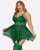 Green plus size mesh lace babydoll with lace cups, spaghetti straps, short tulle skirt
