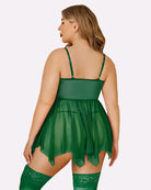 Green mesh lace babydoll back view with thin straps and asymmetrical tulle hem