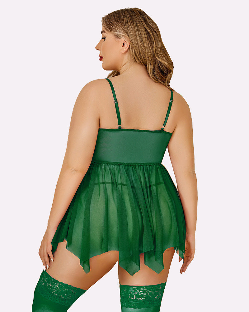 Green mesh lace babydoll back view with thin straps and asymmetrical tulle hem