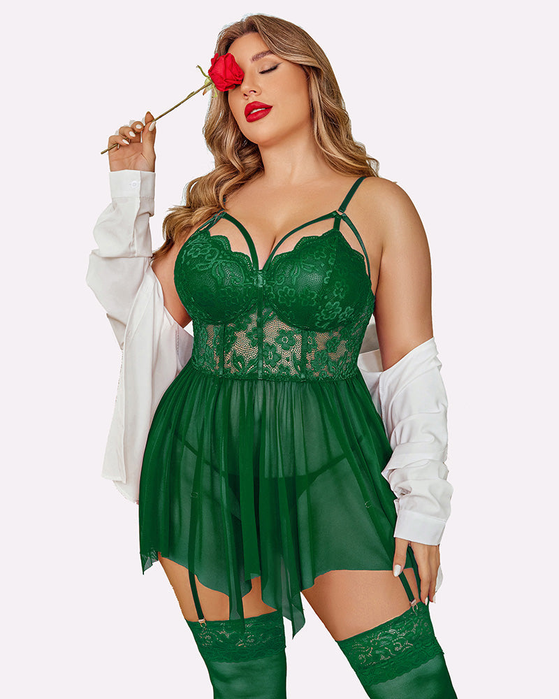 Green mesh lace babydoll with lace cups and spaghetti straps, matching thigh bands