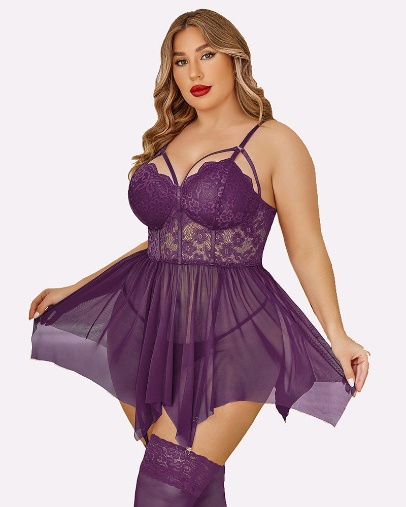 Purple plus size mesh lace babydoll with lace cups, spaghetti straps, sheer tulle skirt