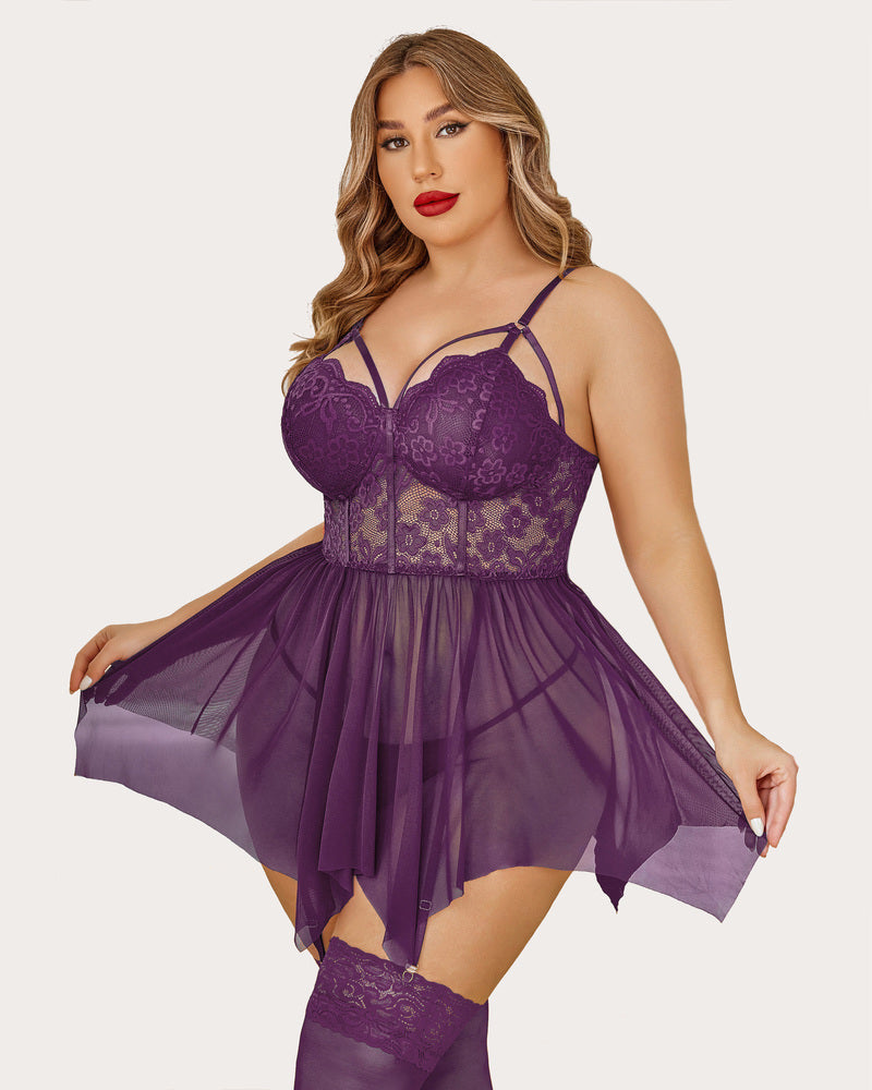 Purple mesh lace babydoll with underwire cups, thin straps, and flared tulle skirt