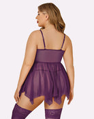 Purple mesh lace babydoll back view with thin straps and lace trim thigh bands