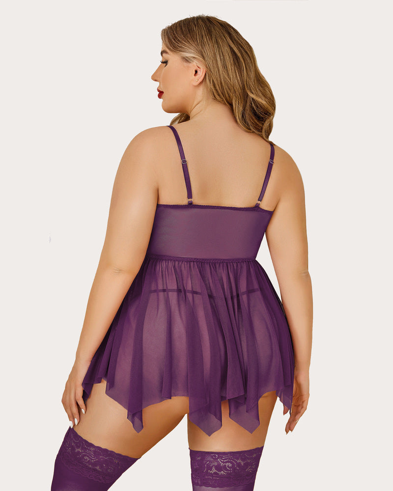 Purple mesh lace babydoll back view with thin straps and lace-trim garter shorts
