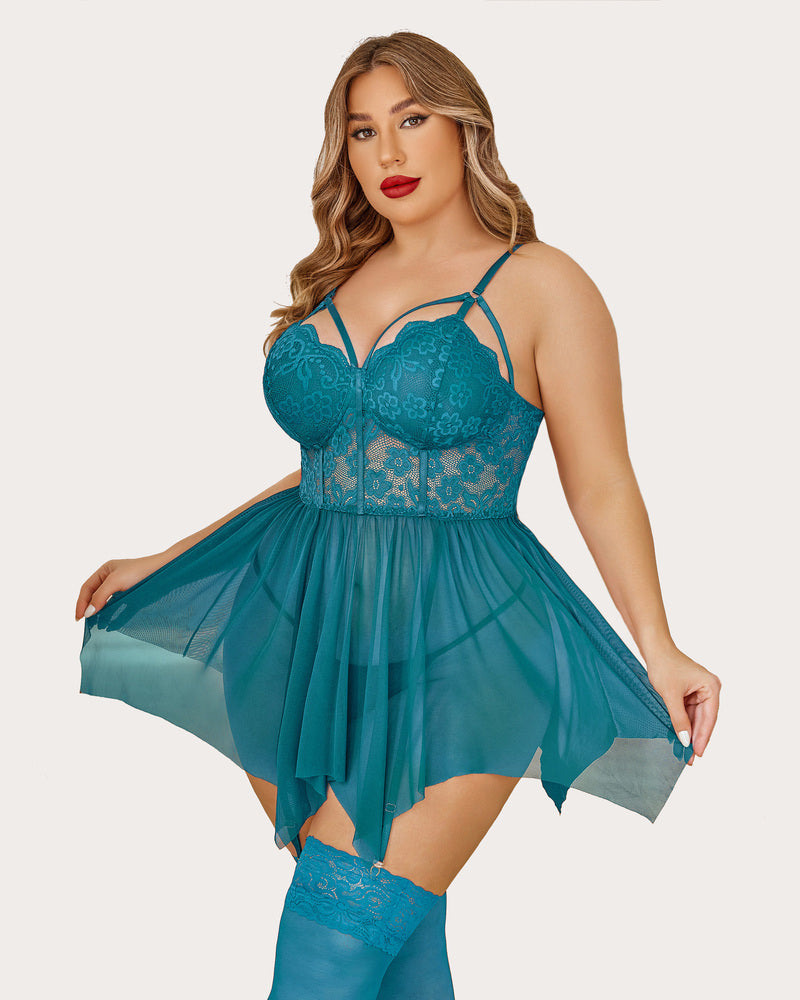 Blue-green mesh lace babydoll with underwire cups, thin straps, and flared tulle skirt