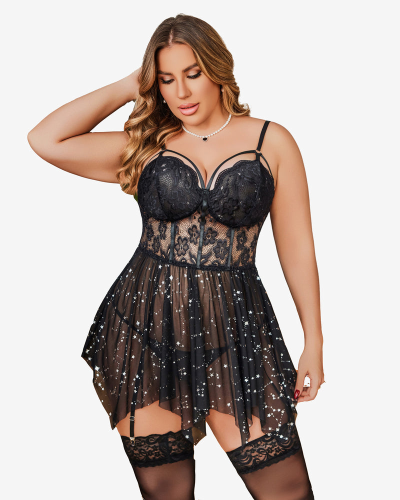 Black mesh lace babydoll with star print tulle skirt and lace cups with spaghetti straps