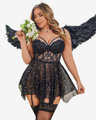 Black mesh lace babydoll with starry tulle skirt, underwire cups, and lace trim garters