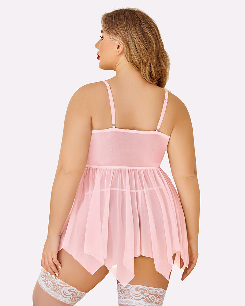 Pink mesh lace babydoll back view with thin straps and asymmetrical tulle skirt