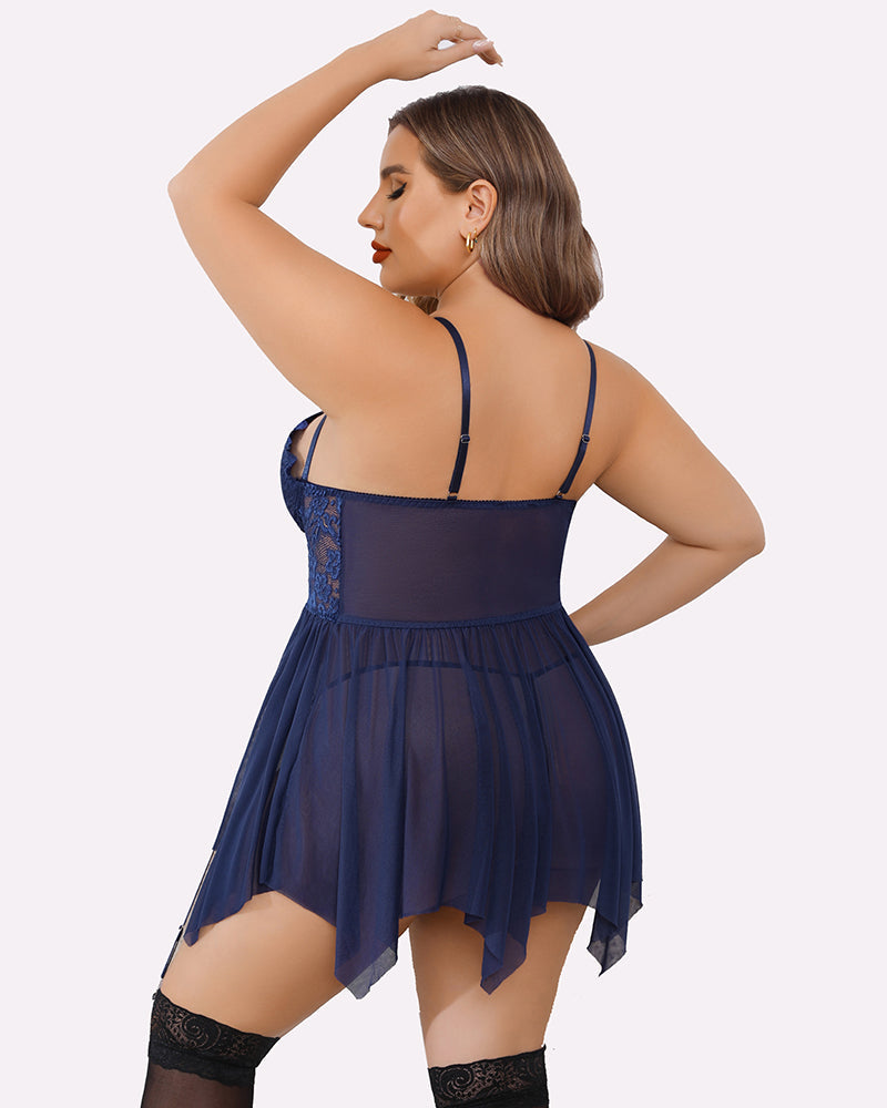 Plus size mesh lace babydoll (dark blue) with lace cups, back straps, layered tulle skirt