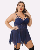 Plus size mesh lace babydoll (dark blue) with lace underbust, strappy design, tulle hem